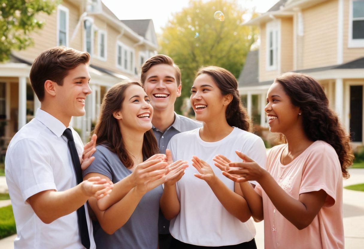 A warm, inviting scene depicting a diverse group of Mormons engaging in outreach activities, with smiling faces and open arms, surrounded by the picturesque backdrop of a quaint neighborhood. Emphasize connections through heart motifs integrated within hands and bubbles symbolizing conversation. Soft, warm color palette to evoke feelings of unity and compassion. super-realistic. vibrant colors. natural setting.