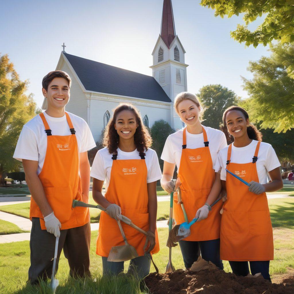 A diverse group of Latter-day Saints members engaging in a community service project, smiling and working together with tools in hand. In the background, a beautiful church with a steeple, children playing, and nature surrounding them to symbolize growth and faith. Warm sunlight illuminating the scene to evoke a feeling of hope and camaraderie. super-realistic. vibrant colors. warm tones.