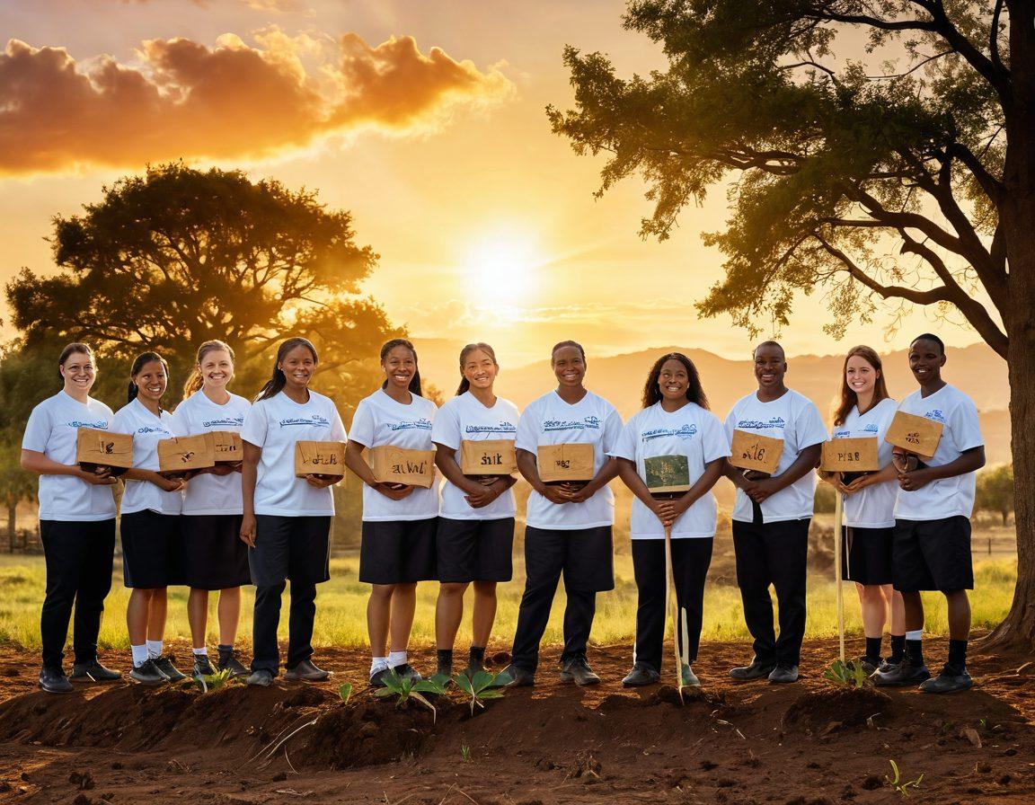 A diverse group of volunteer missionaries engaged in community service, helping children and planting trees, with a glowing sunset in the background symbolizing hope and fellowship. Include elements like handmade signs of faith, cultural attire, and a sense of joy and connection among the volunteers and locals. super-realistic. warm colors. uplifting atmosphere.